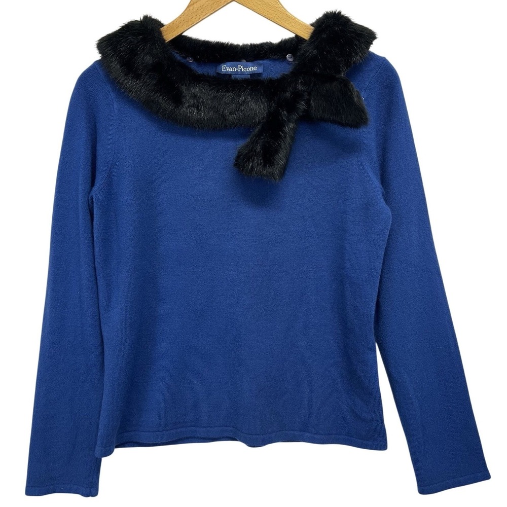 Evan-Picone Faux Fur Collar Sweater Womens Medium Blue Long Sleeve Knit Pullover